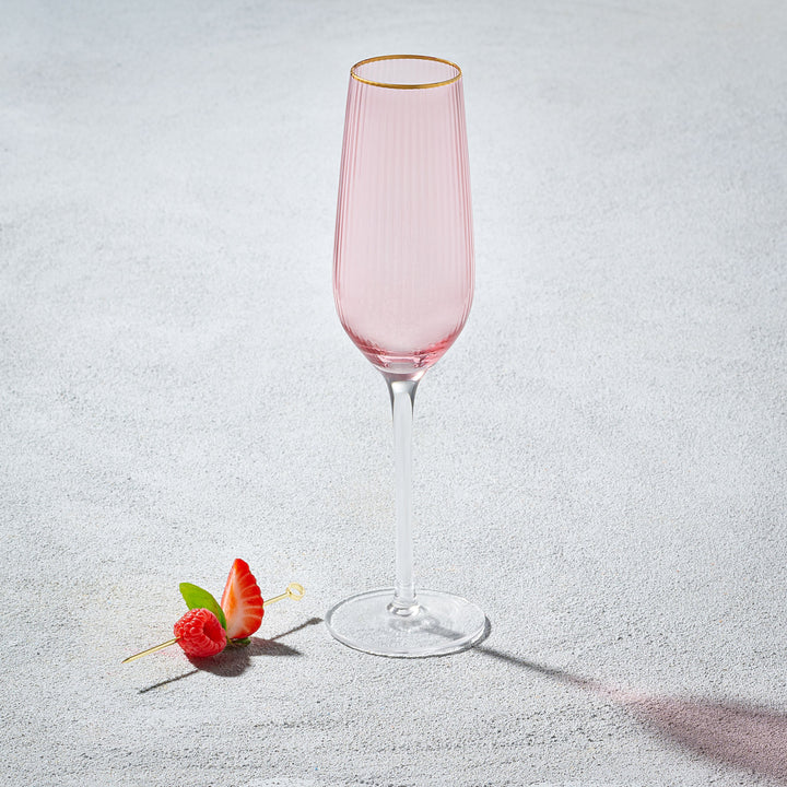 Bay Peach, Hand Blown Champagne Flute Glass with Gold Rim, 7 oz
